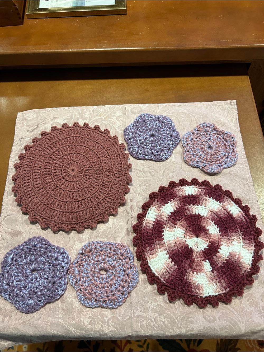 Hand Crafted Crochet Potholders and Coasters in Mauve, Plum, Lavender